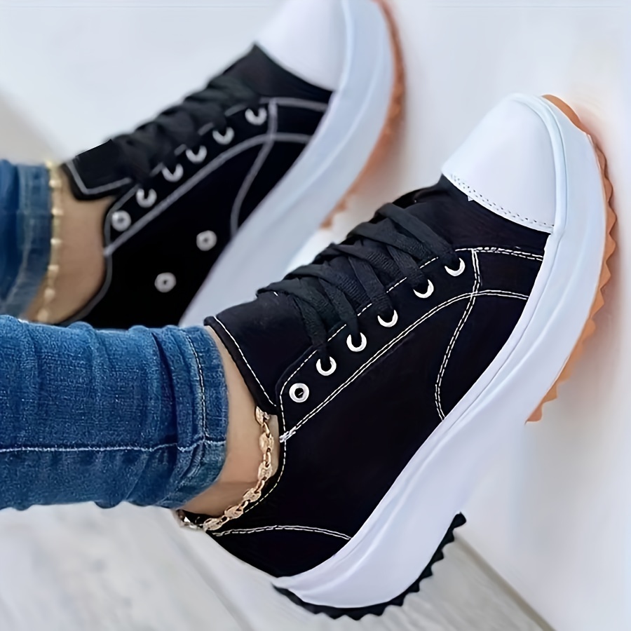 platform canvas sneakers, womens platform canvas sneakers casual solid color lace up trainers all match walking sports shoes details 0