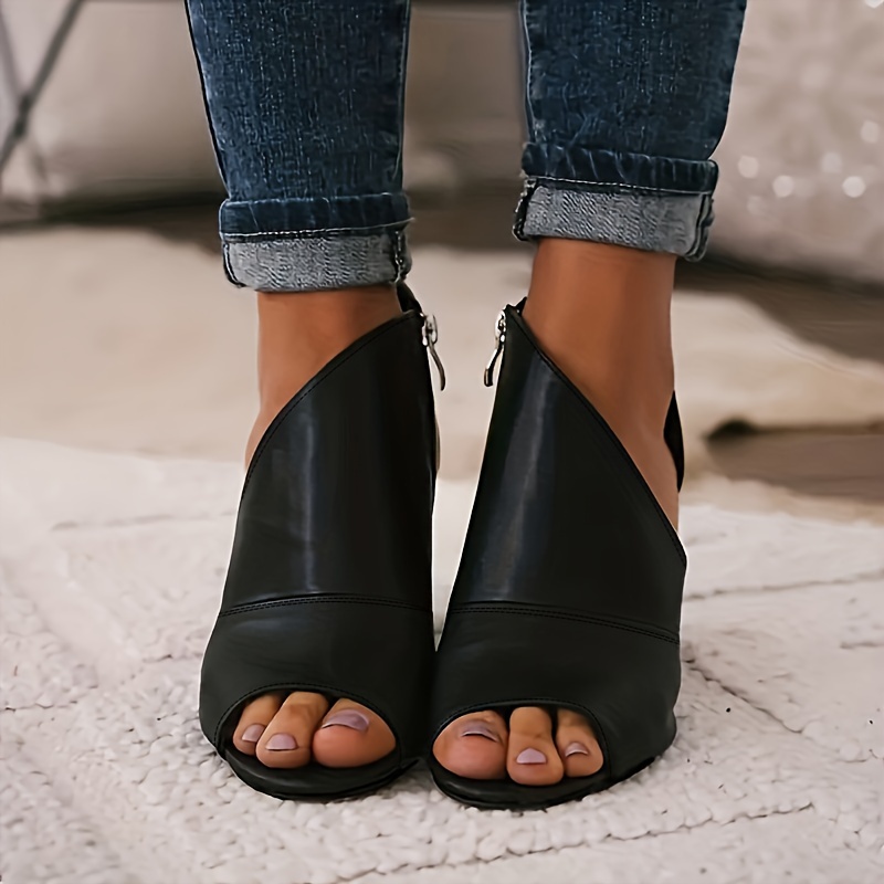 womens side cut out block heel sandals peep toe side zipper stacked heel shoes fashionable high heels details 0