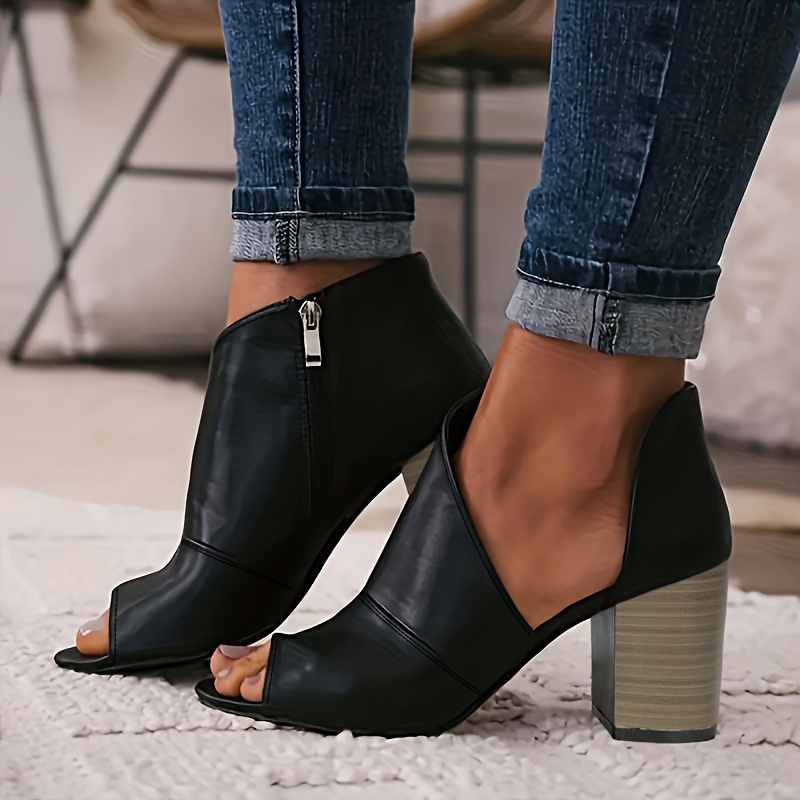 womens side cut out block heel sandals peep toe side zipper stacked heel shoes fashionable high heels details 1