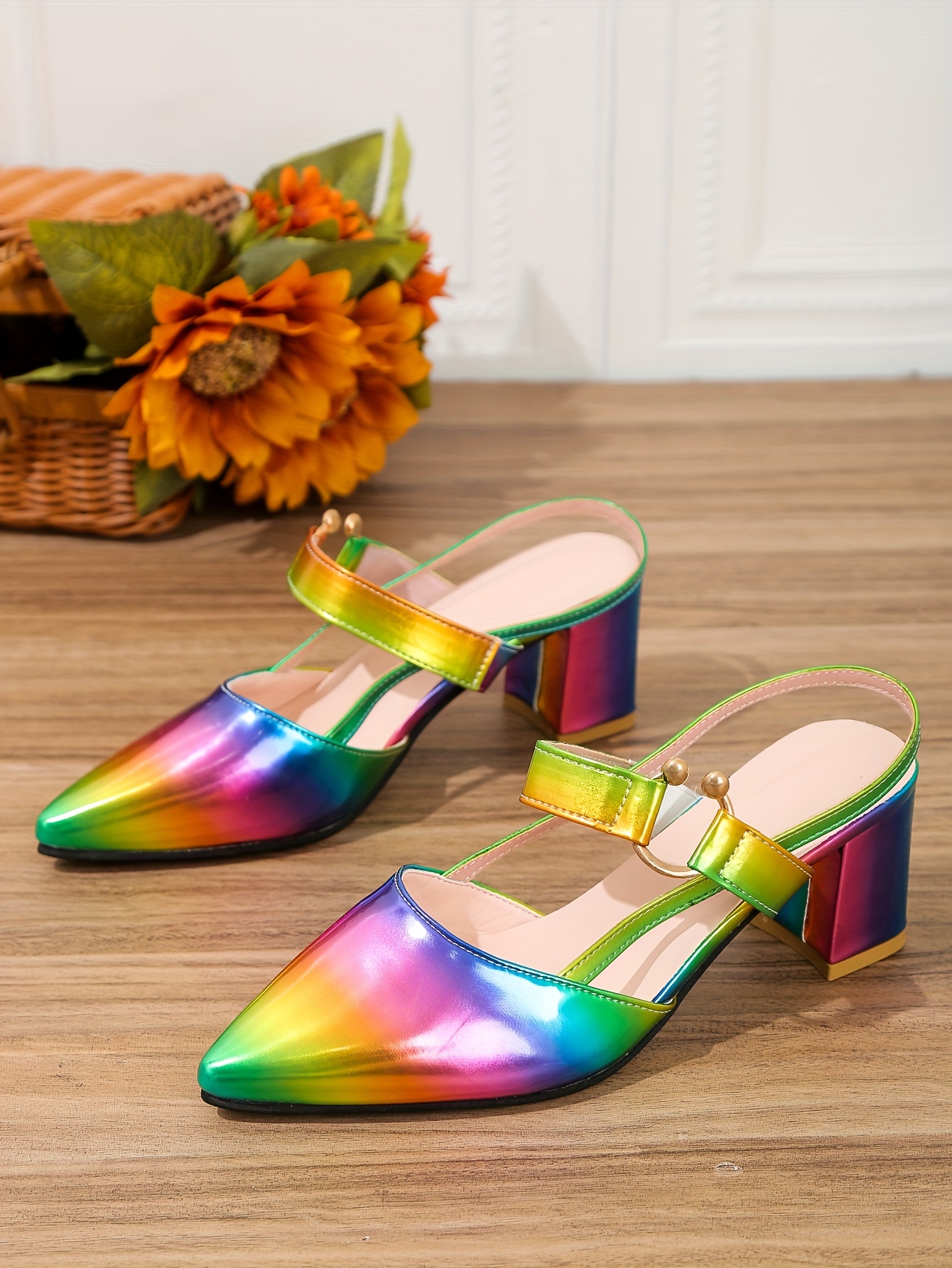 womens pointed toe block high heel sandals fashion solid color slingback shoes versatile mid heels details 1