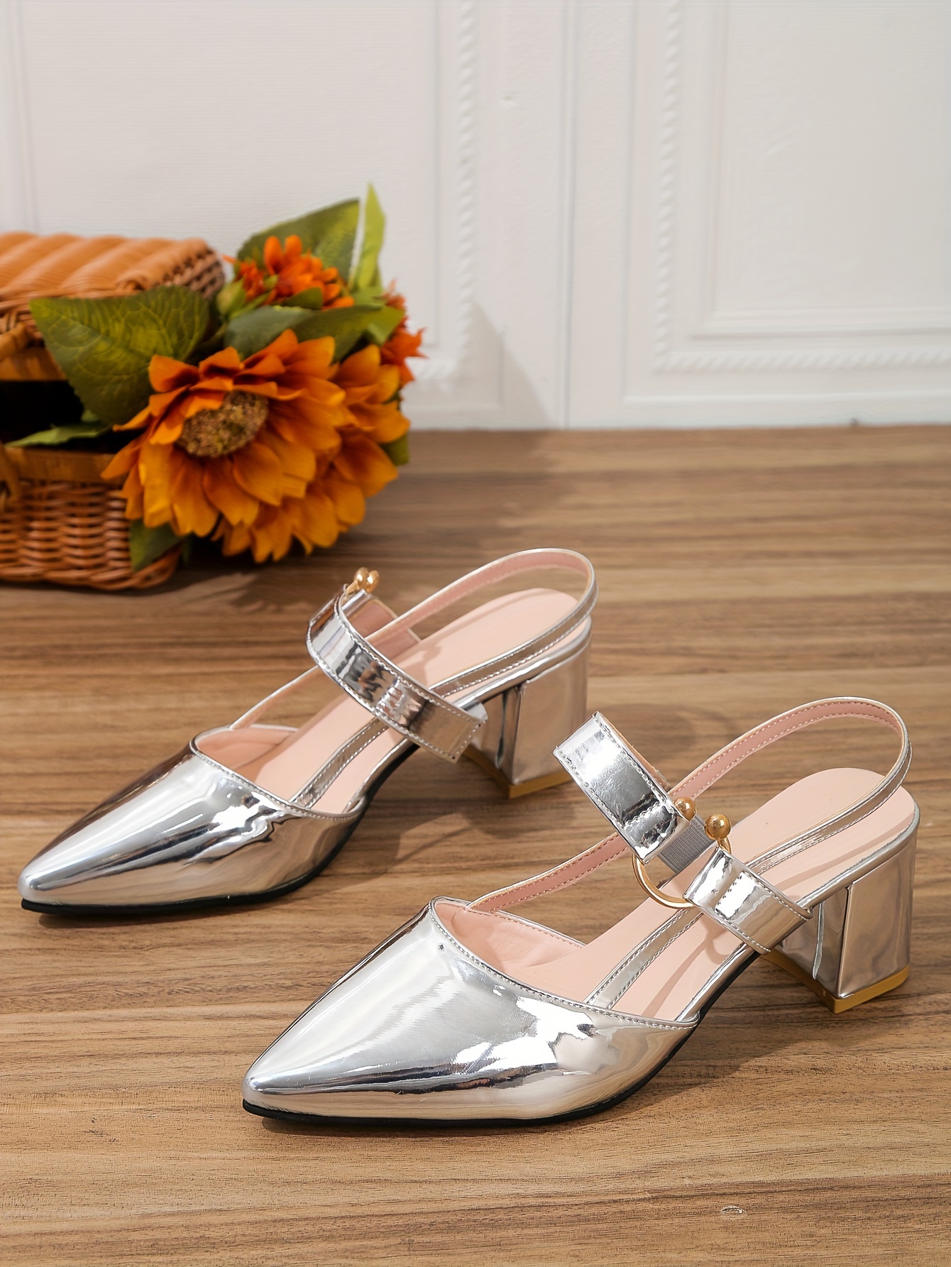 womens pointed toe block high heel sandals fashion solid color slingback shoes versatile mid heels details 2