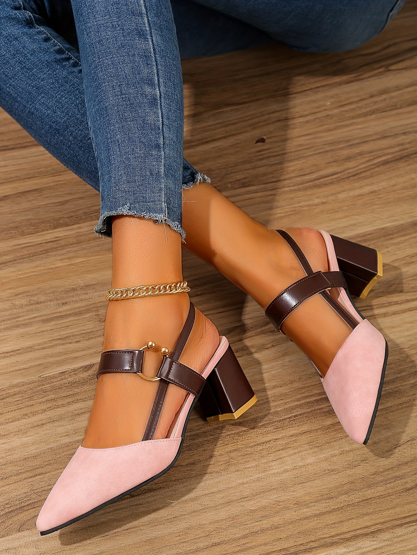 womens pointed toe block high heel sandals fashion solid color slingback shoes versatile mid heels details 29