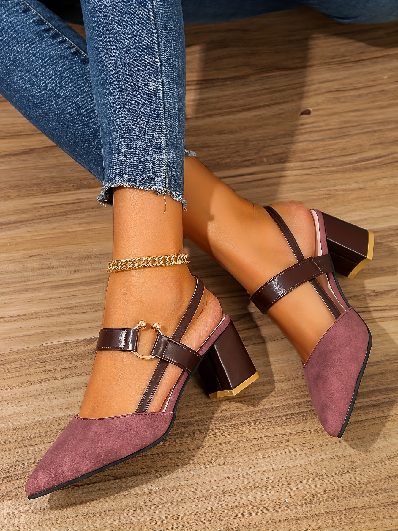 womens pointed toe block high heel sandals fashion solid color slingback shoes versatile mid heels details 31