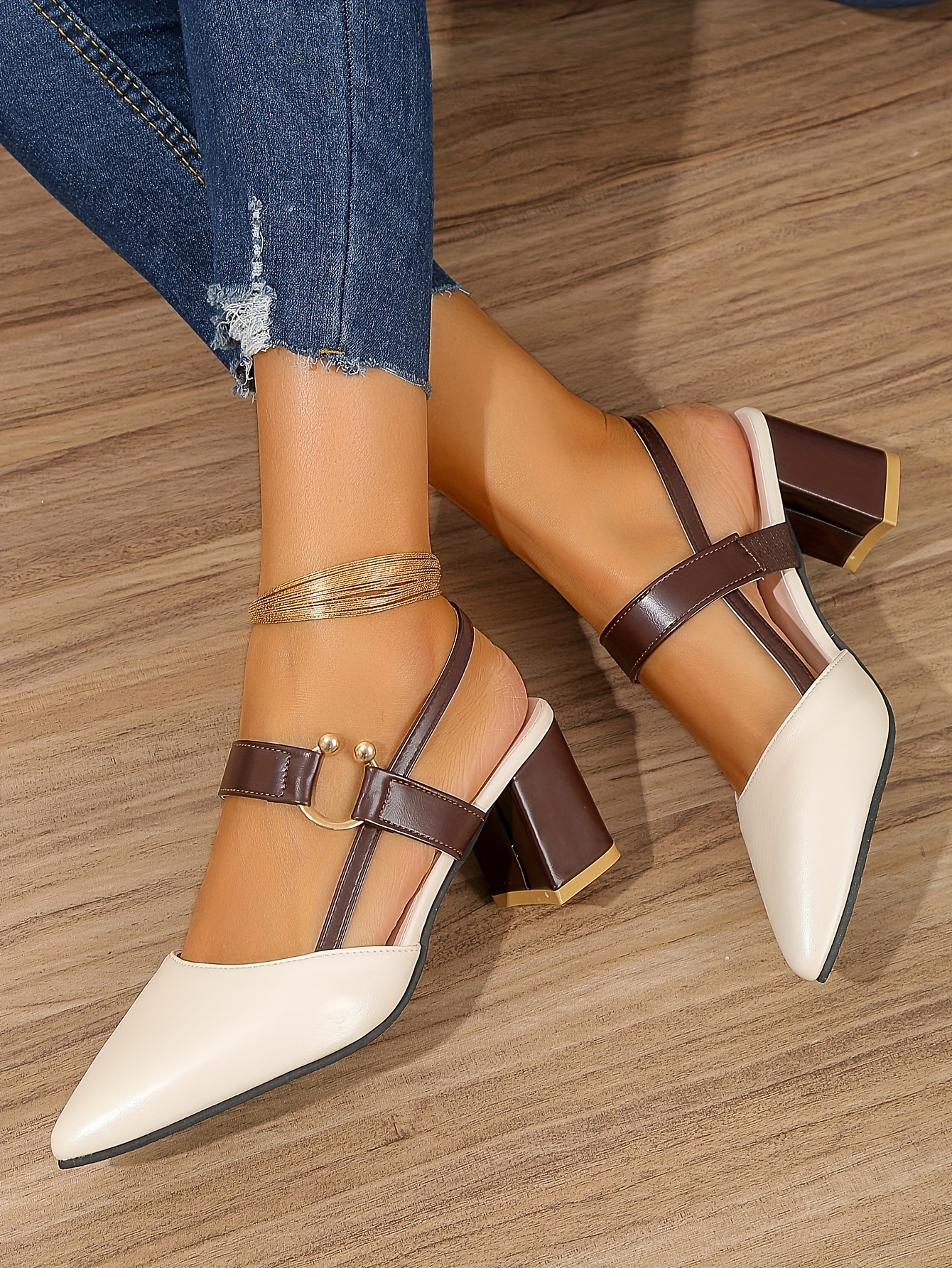 womens pointed toe block high heel sandals fashion solid color slingback shoes versatile mid heels details 36