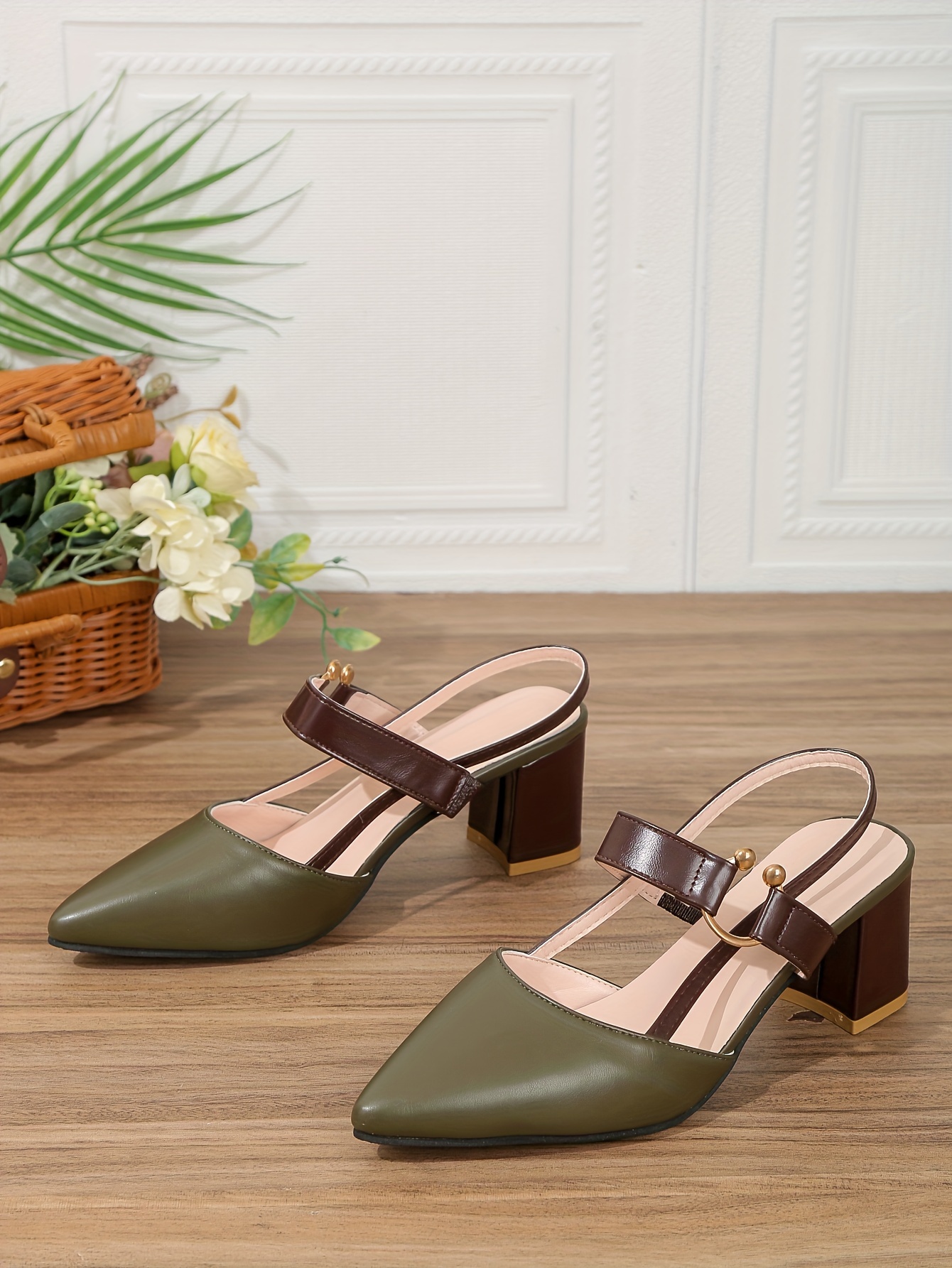 womens pointed toe block high heel sandals fashion solid color slingback shoes versatile mid heels details 44