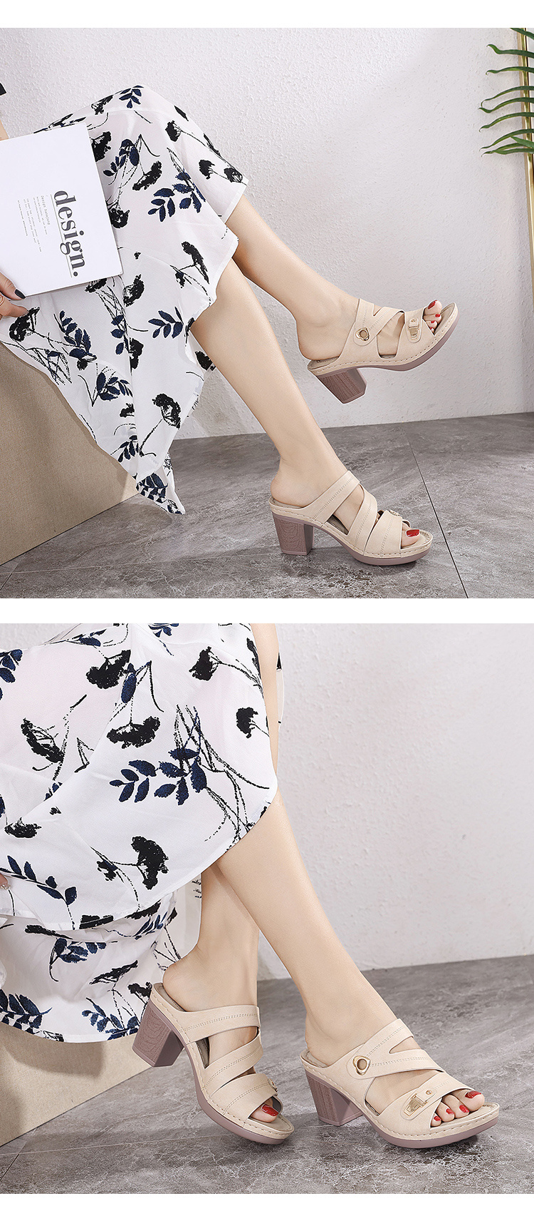 womens hollow out chunky heeled mules metal buckle seam strap open toe slip on sandals womens footwear details 7