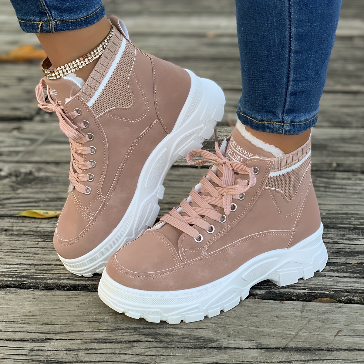womens platform sneakers casual lace up plush lined shoes comfortable high top shoes details 4
