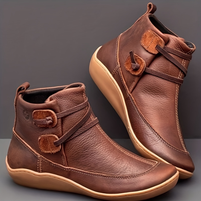 womens retro ankle boots solid color slip on faux leather flat boots womens footwear details 0
