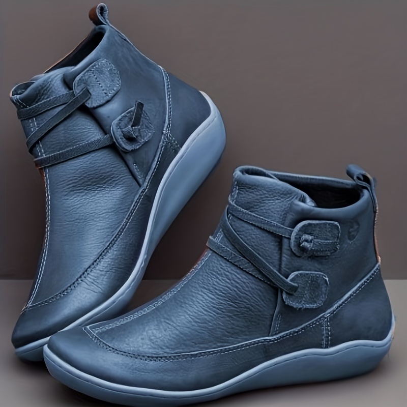 womens retro ankle boots solid color slip on faux leather flat boots womens footwear details 2