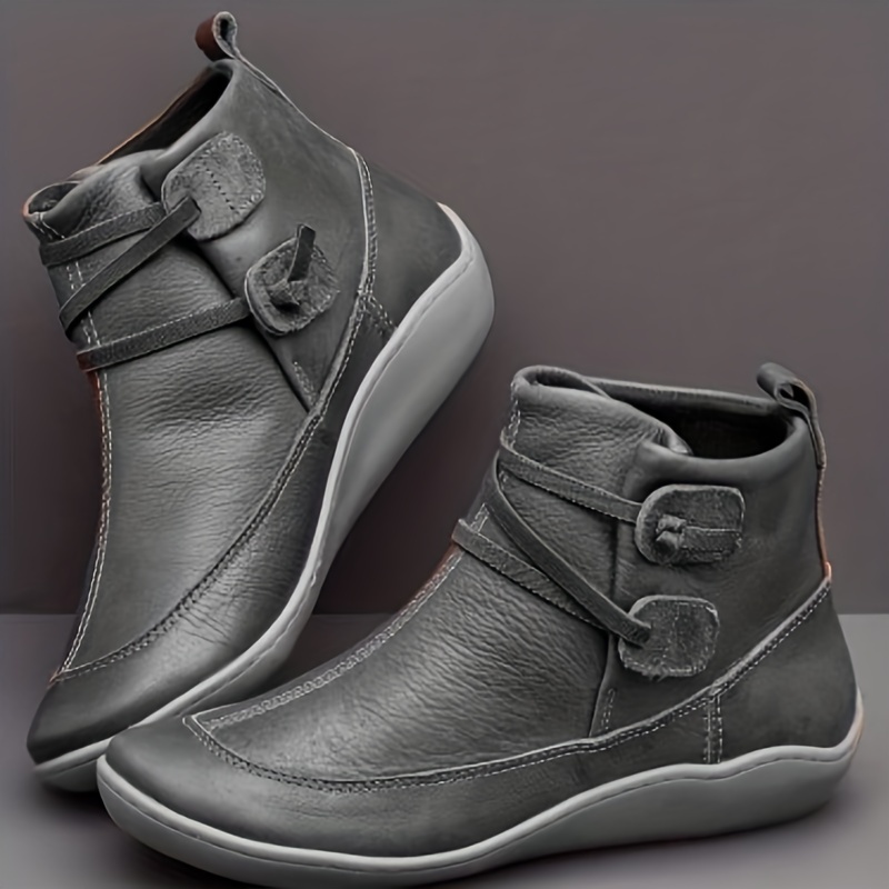 womens retro ankle boots solid color slip on faux leather flat boots womens footwear details 3
