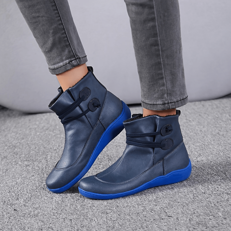womens retro ankle boots solid color slip on faux leather flat boots womens footwear details 4