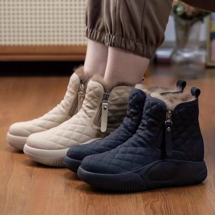 womens solid color boots side zipper quilted pattern slip on round toe velvet warm fluffy soft shoes winter comfy shoes details 0