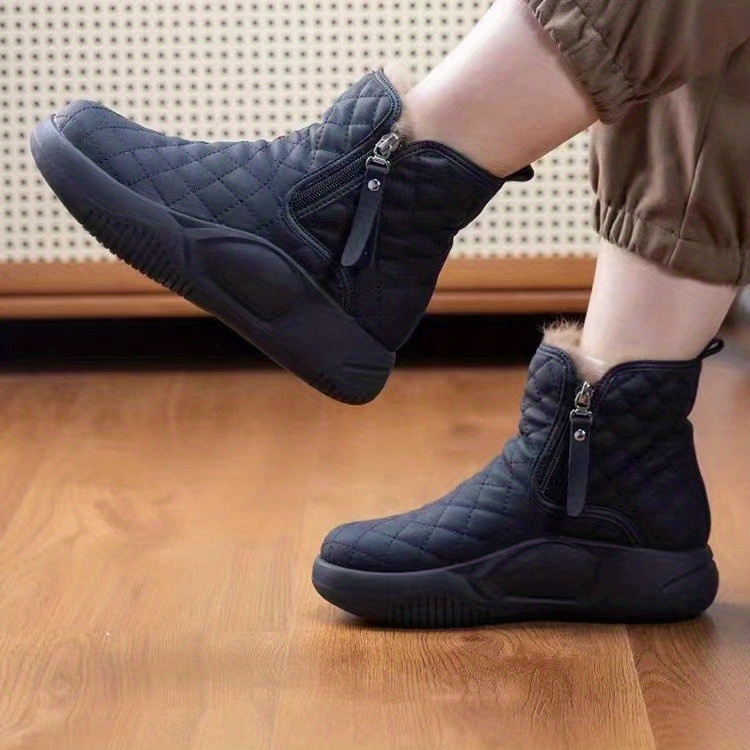 womens solid color boots side zipper quilted pattern slip on round toe velvet warm fluffy soft shoes winter comfy shoes details 1