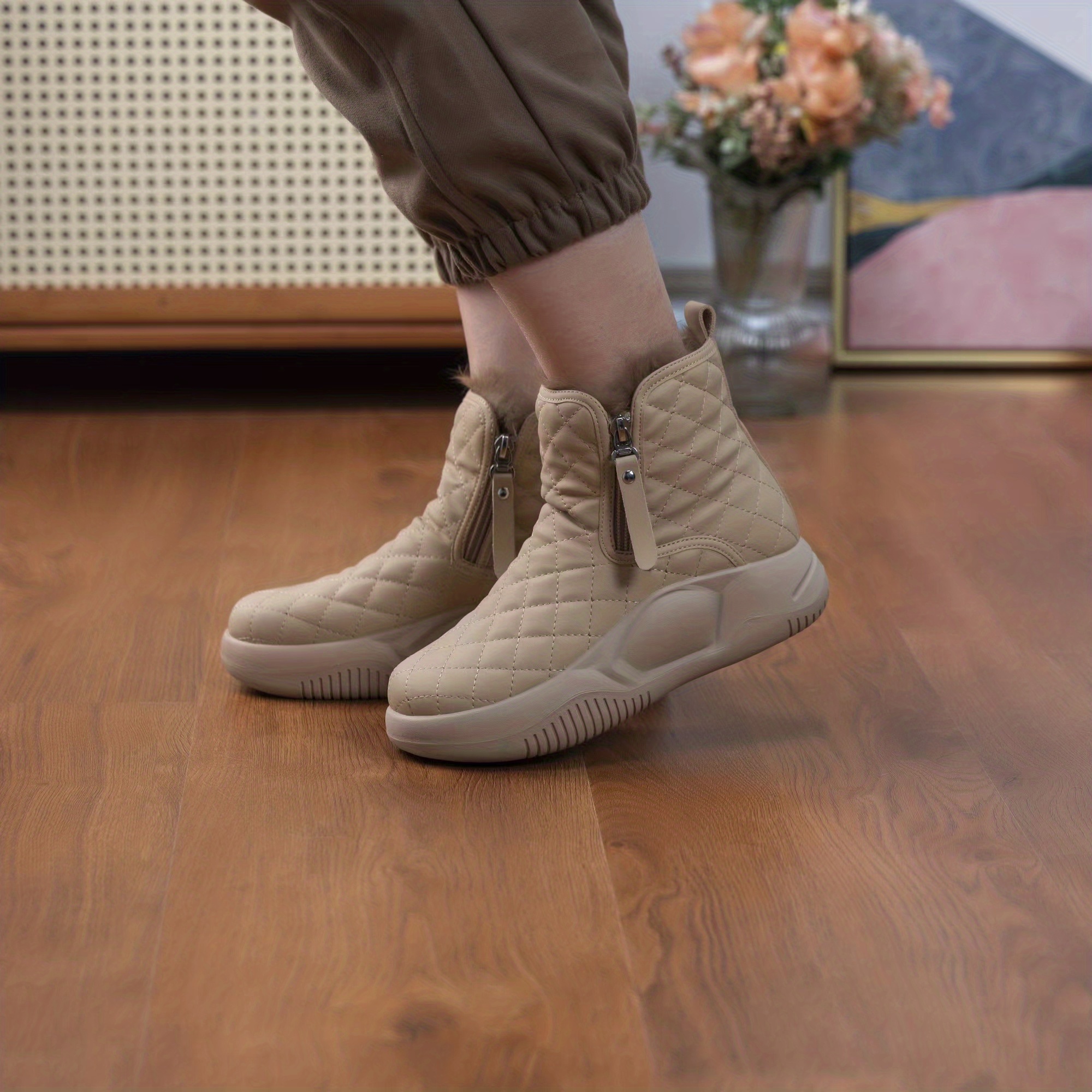 womens solid color boots side zipper quilted pattern slip on round toe velvet warm fluffy soft shoes winter comfy shoes details 4
