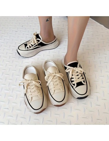 Women's Platform Canvas Shoes, Casual Lace Up Mule Sneakers, Versatile & All-Match Outdoor Shoes
