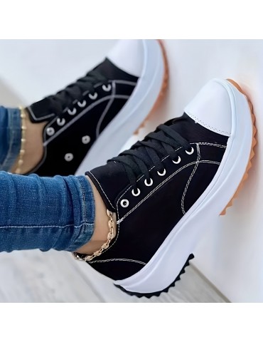 Women's Solid Color Trendy Sneakers, Lace Up Soft Sole Platform Casual Walking Shoes, Versatile Low-top Canvas Shoes