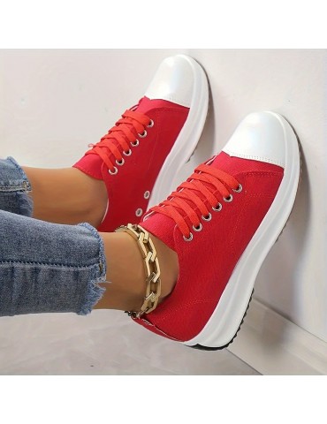 Women's Solid Color Trendy Sneakers, Lace Up Soft Sole Platform Casual Walking Shoes, Versatile Low-top Canvas Shoes