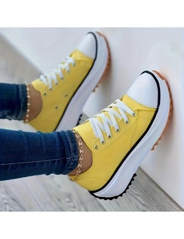 Women's Platform Canvas Sneakers, Solid Color Lace Up Low Top Trainers, Casualall-Match Walking Shoes