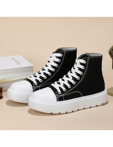 Women's Solid Color Casual Shoes, Lace Up Comfy Platform Soft Sole Shoes, Versatile High-top Canvas Shoes