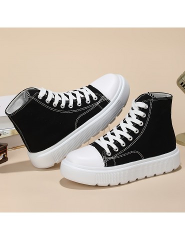 Women's Solid Color Casual Shoes, Lace Up Comfy Platform Soft Sole Shoes, Versatile High-top Canvas Shoes