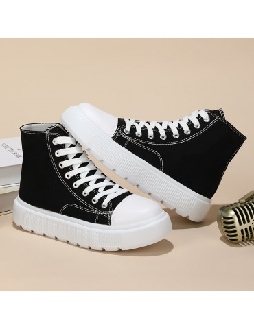 Women's Solid Color Casual Shoes, Lace Up Comfy Platform Soft Sole Shoes, Versatile High-top Canvas Shoes