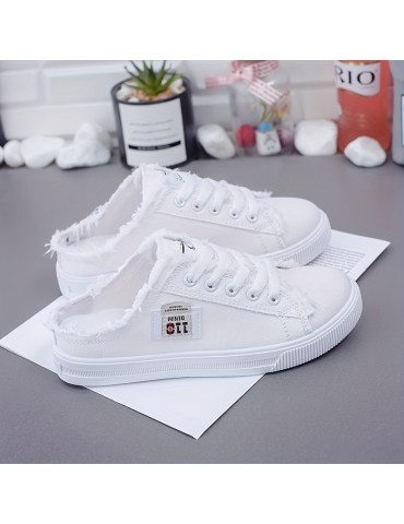 Women's Solid Color Canvas Shoes, Slip On Lace Up Round Toe Non-slip Half Drag Casual Slides Shoes, Comfy Outdoor Shoes