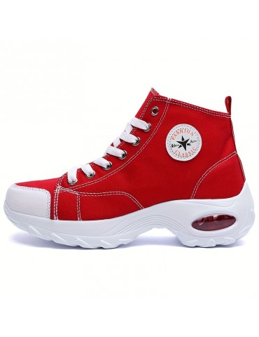 Women's Leisure Air Cushion Sneakers, Thick Bottom Mid Top Breathable Canvas Shoes, Women's Casual Shoes
