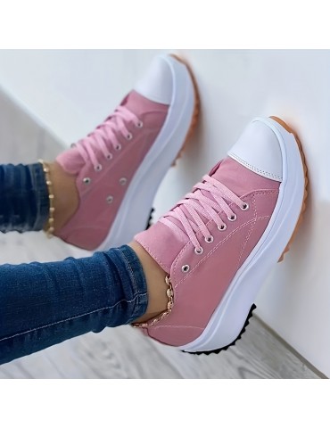 Women's Platform Canvas Sneakers, Casual Solid Color Lace Up Trainers, All-Match Walking Sports Shoes