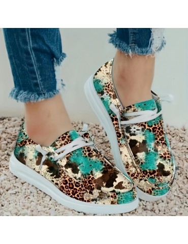 Women's Leopard Pattern Flat Loafers, Slip On Low-top Round Toe Lightweight Canvas Shoes, Casual Outdoor Shoes
