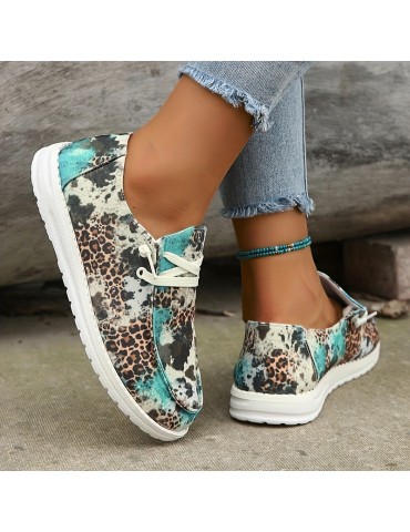 Women's Leopard Pattern Flat Loafers, Slip On Low-top Round Toe Lightweight Canvas Shoes, Casual Outdoor Shoes