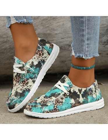 Women's Leopard Pattern Flat Loafers, Slip On Low-top Round Toe Lightweight Canvas Shoes, Casual Outdoor Shoes