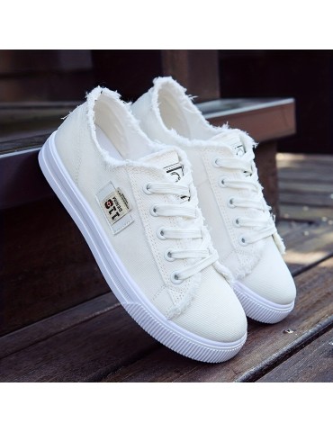 Women's Classic Canvas Flat Shoes, Solid Color Lace Up Low-top Casual Shoes, Women's Comfy Footwear