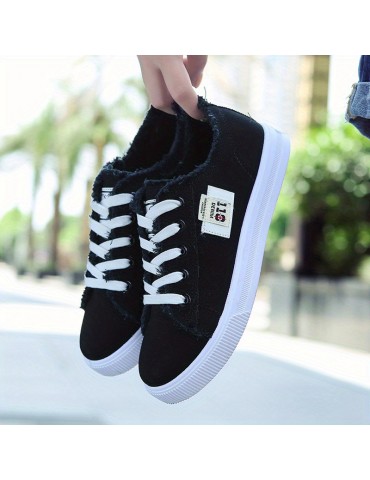 Women's Classic Canvas Flat Shoes, Solid Color Lace Up Low-top Casual Shoes, Women's Comfy Footwear