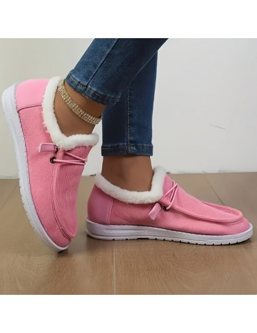 Women's Solid Color Lined Shoes, Slip On Fluffy Warm Flat Non-slip Canvas Shoes, Plush Winter Comfy Shoes