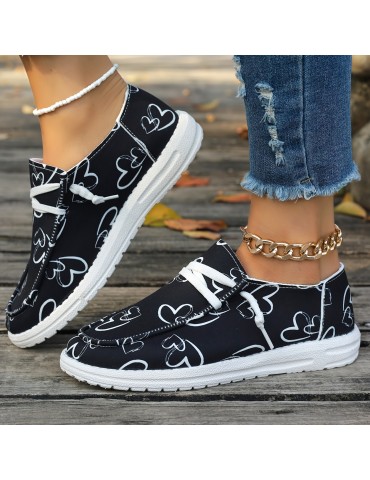 Women's Heart Pattern Loafers, Lightweight Slip On Casual Soft Sole Shoes, Valentine's Day Canvas Shoes