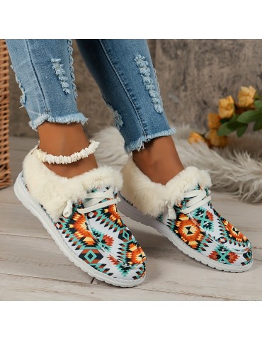 Women's Geometric Pattern Canvas Shoes, Casual Lace Up Plush Lined Shoes, Comfortable Low Top Sneakers