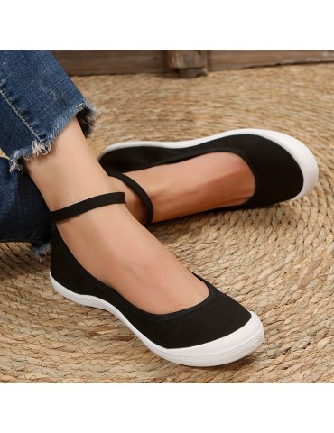 Women's Balck Canvas Shoes, Casual Buckle Strap Flat Shoes, Women's Daily Outdoor Shoes