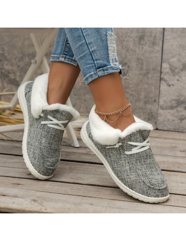 Women's Fluffy Fleece Lined Canvas Shoes, Thermal Slip On Low Top Shoes, Winter Warm Flat Shoes