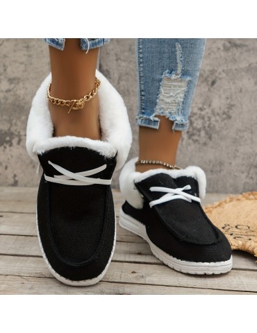 Women's Fluffy Fleece Lined Canvas Shoes, Thermal Slip On Low Top Shoes, Winter Warm Flat Shoes