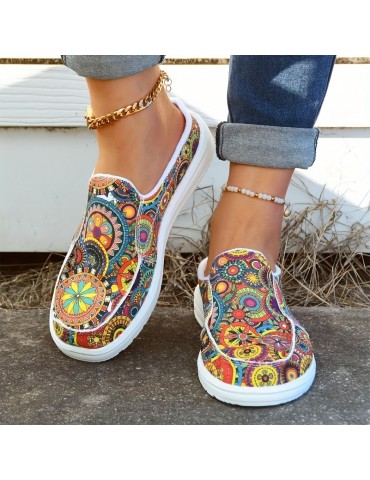 Women's Floral Print Canvas Shoes, Slip-on Round Toe Lightweight Casual Shoes, Women's Comfy Walking Flat Shoes