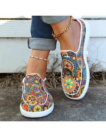 Women's Floral Print Canvas Shoes, Slip-on Round Toe Lightweight Casual Shoes, Women's Comfy Walking Flat Shoes