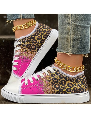 Women's Leopard Print Canvas Shoes, Casual Glitter Sequins Decor Lace Up Shoes, Lightweight Low Top Sneakers