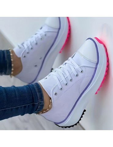 Women's Solid Color Casual Sneakers, Lace Up Platform Soft Sole Sporty Trainers, Breathable Low-top Skate Shoes