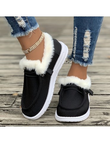 Winter Plush Lined Sneakers, Cozy & Warm Round Toe Flat Shoes, Winter Outdoor Walking Shoes