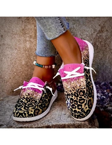Women's Leopard Print Canvas Shoes, Fashion Round Toe Low Top Slip On Loafers, Casual Flat Sneakers