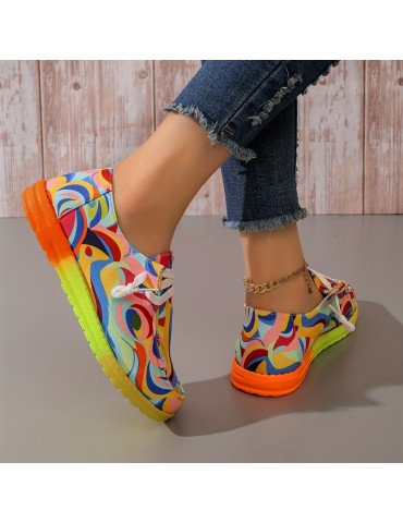 Women's Abstract Color Canvas Shoes, Casual Lace Up Outdoor Shoes, Lightweight Low Top Shoes