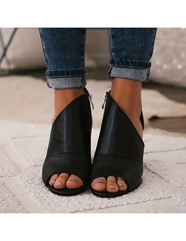 Women's Side Cut-out Block Heel Sandals, Peep Toe Side Zipper Stacked Heel Shoes, Fashionable High Heels
