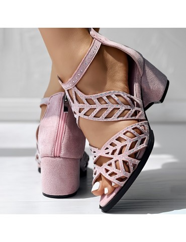 Women's Boho Hollow Out Block Heels, Peep Toe Back Zipper Low Heel Sandals, Fashion Dress Heels