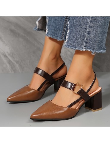 Women's Chunky Heeled Sandals, Two Tone Pointed Toe Slip On Mid Heels, All-Match Slingback Sandals
