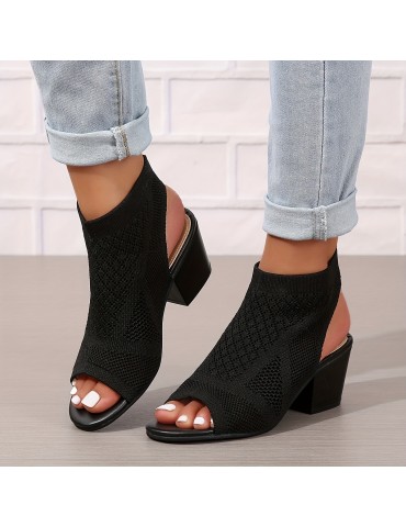 Women's Chunky Heeled Sandals, Knitting Peep Toe Slip On Slingback Low Heels, Fashion Fabric Sandals